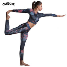 Load image into Gallery viewer, OKUQUBE New Women Sports Suit Striped Fitness Clothing Two Pieces Yoga Set Printed Crop Top+Gym Leggings S-XL Sportswear Female